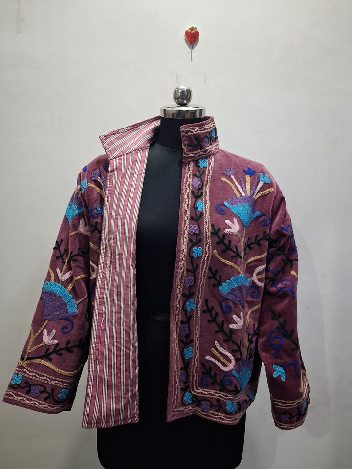 Hand-Embroidered Dusty Plum Velvet Stand-Collar Boho Jacket