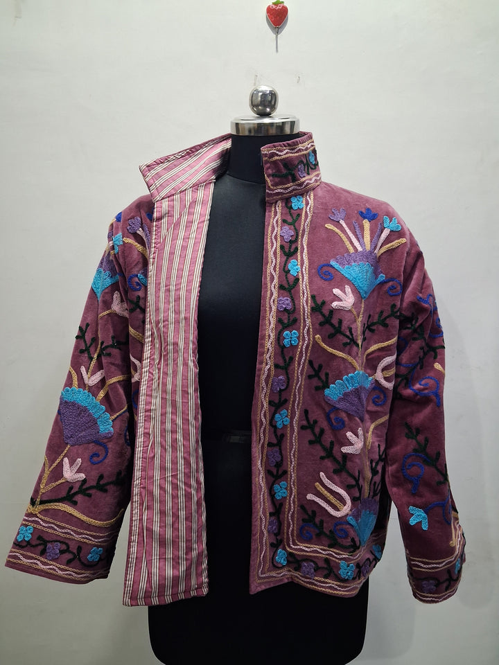 Hand-Embroidered Dusty Plum Velvet Stand-Collar Boho Jacket