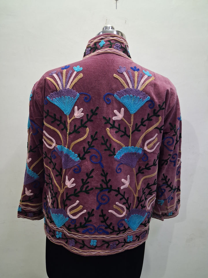Hand-Embroidered Dusty Plum Velvet Stand-Collar Boho Jacket