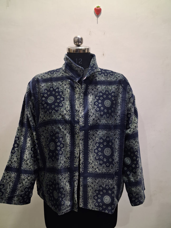 Navy Blue Bandana Print Velvet Jacket