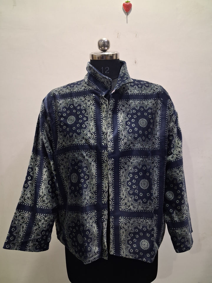 Navy Blue Bandana Print Velvet Jacket