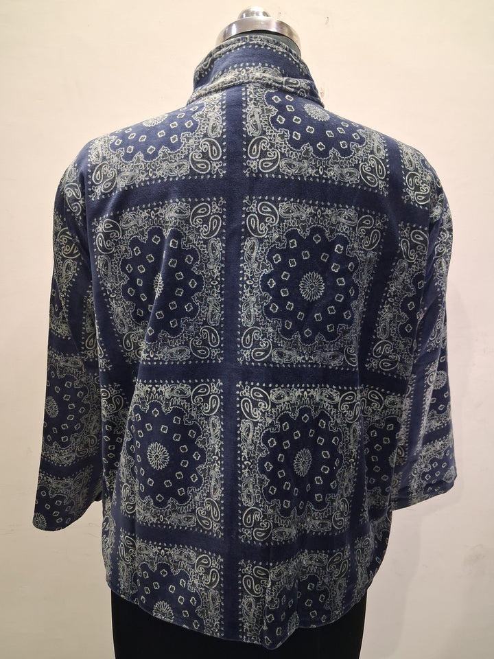 Navy Blue Bandana Print Velvet Jacket