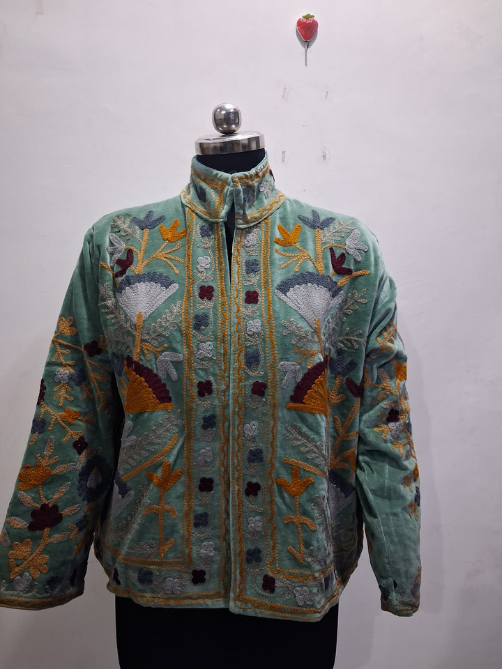 Hand-Embroidered Sage Green Velvet Boho Jacket