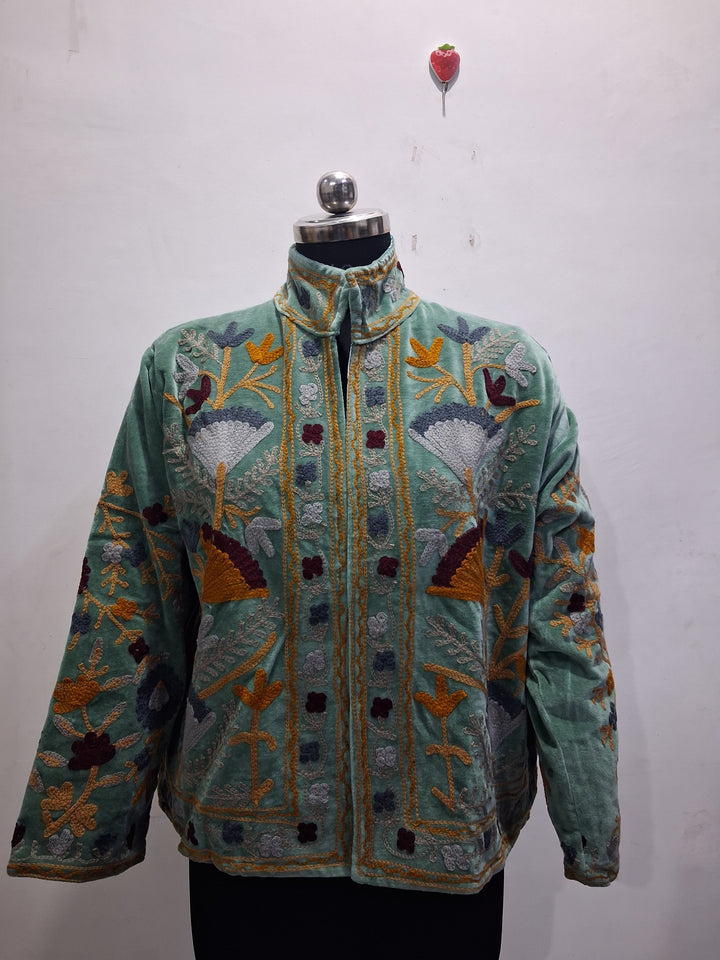 Hand-Embroidered Sage Green Velvet Boho Jacket