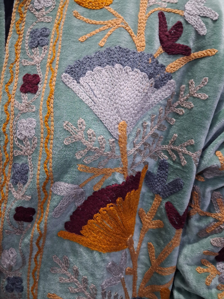 Hand-Embroidered Sage Green Velvet Boho Jacket