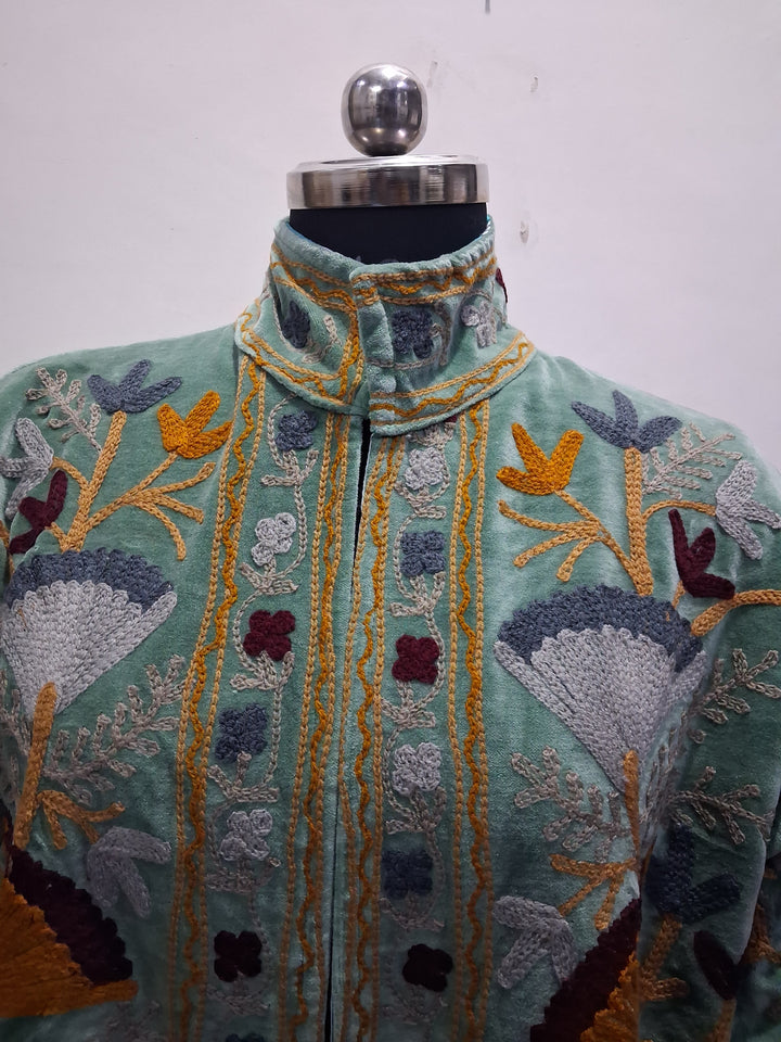 Hand-Embroidered Sage Green Velvet Boho Jacket