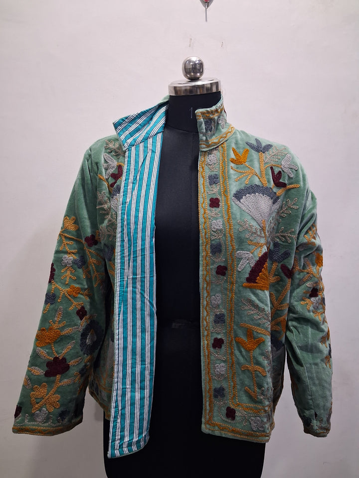 Hand-Embroidered Sage Green Velvet Boho Jacket