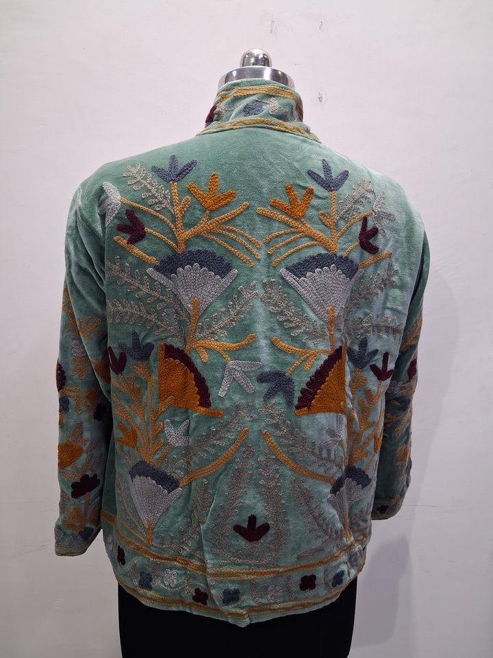 Hand-Embroidered Sage Green Velvet Boho Jacket