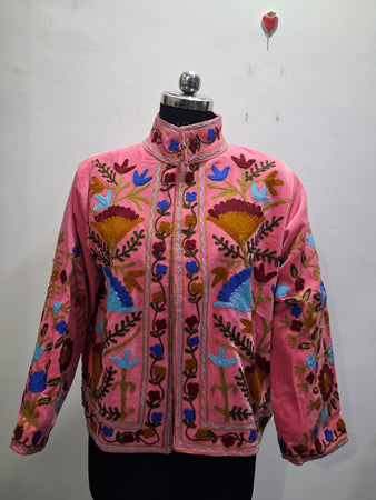 Handmade Pastel Pink Velvet Floral Embroidered Jacket
