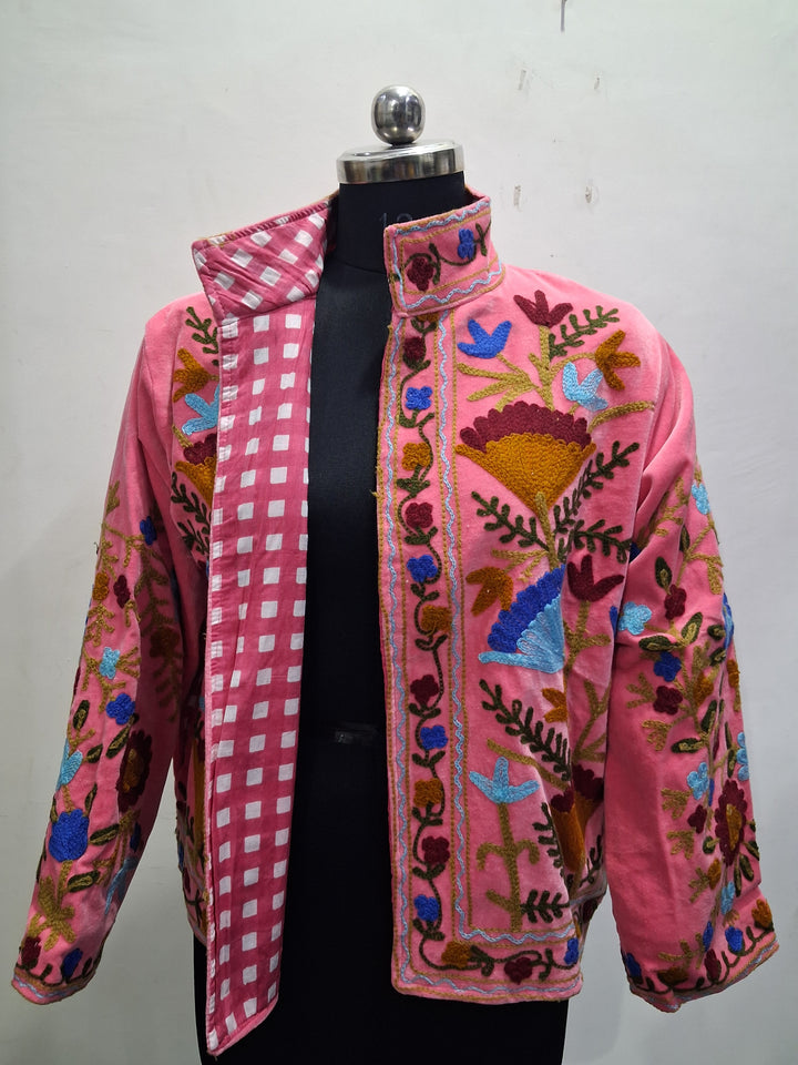 Handmade Pastel Pink Velvet Floral Embroidered Jacket
