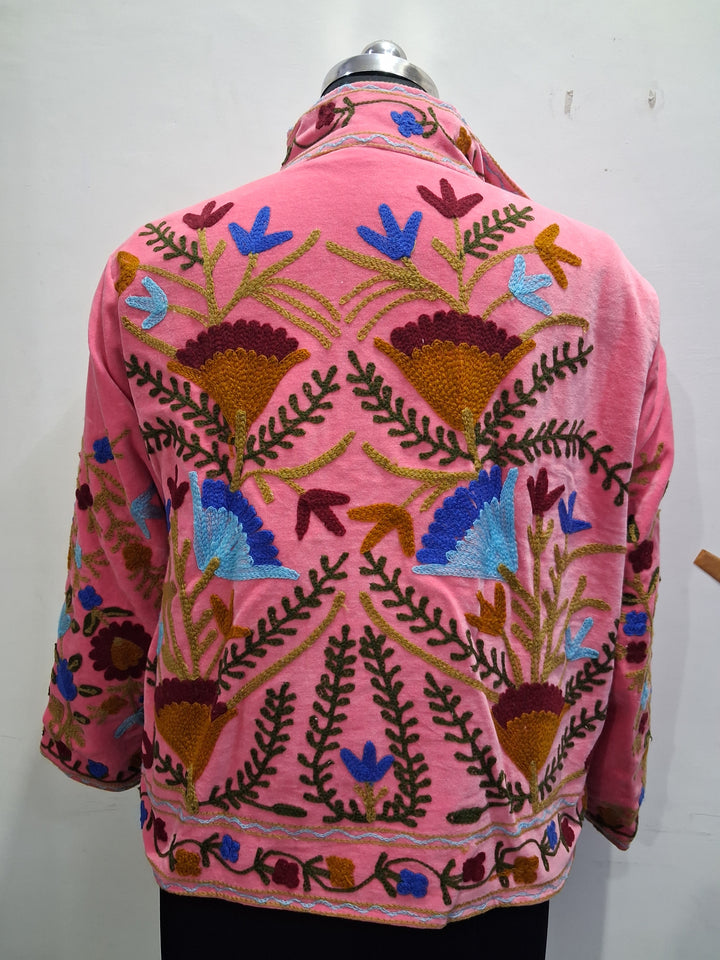 Handmade Pastel Pink Velvet Floral Embroidered Jacket