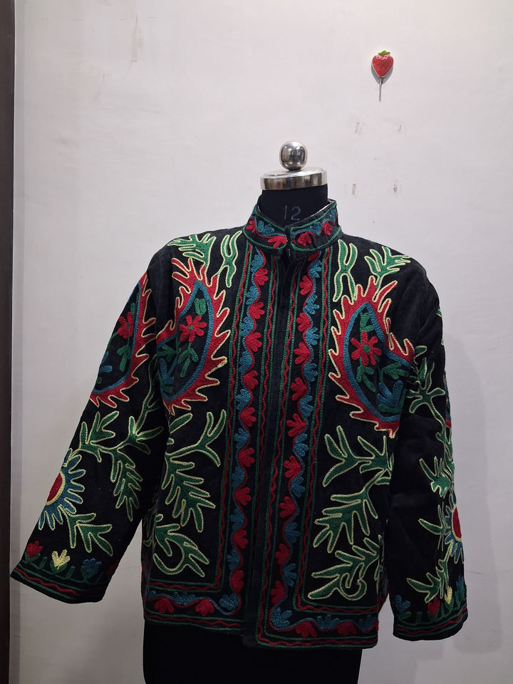Handmade Black Velvet Floral Paisley Embroidered Jacket