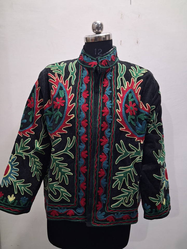 Handmade Black Velvet Floral Paisley Embroidered Jacket