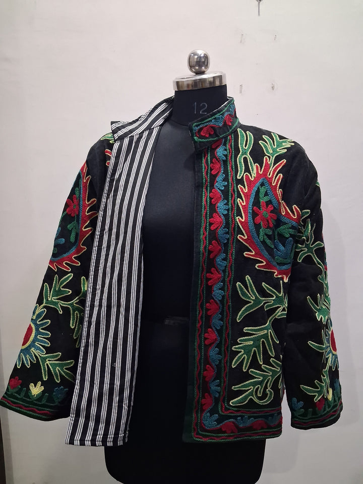 Handmade Black Velvet Floral Paisley Embroidered Jacket