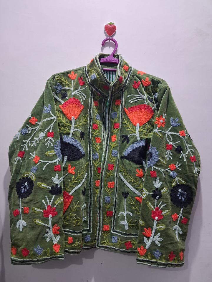 Artisanal Olive Green Velvet Suzani Hand-Embroidered Jacket