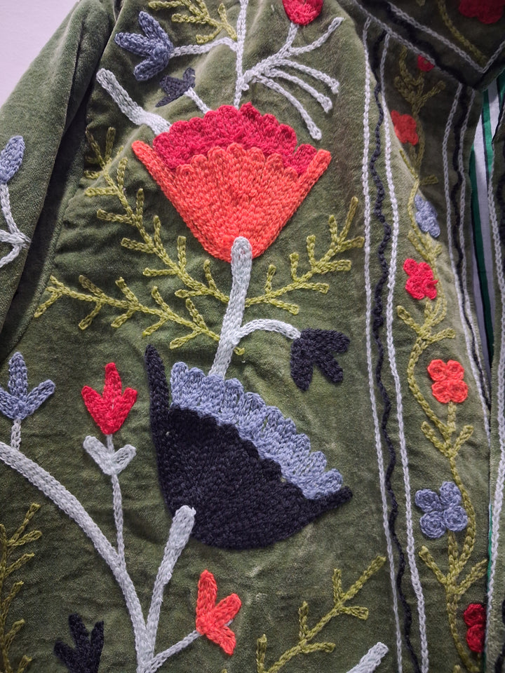 Artisanal Olive Green Velvet Suzani Hand-Embroidered Jacket