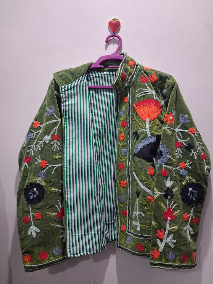 Artisanal Olive Green Velvet Suzani Hand-Embroidered Jacket