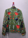 Artisanal Olive Green Velvet Suzani Hand-Embroidered Jacket