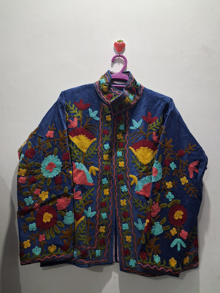 Vintage Royal Blue Velvet Suzani Embroidered Jacket