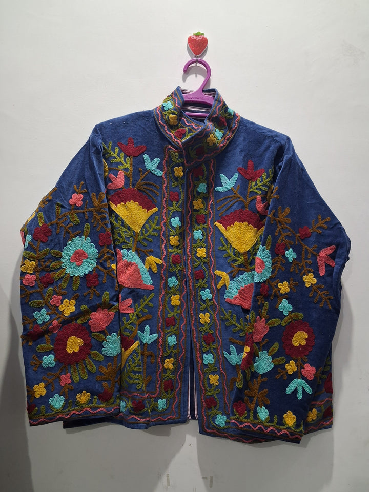 Vintage Royal Blue Velvet Suzani Embroidered Jacket