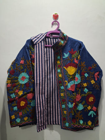 Vintage Royal Blue Velvet Suzani Embroidered Jacket