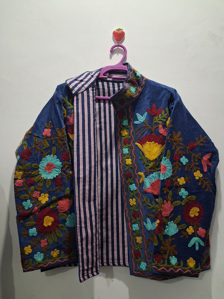 Vintage Royal Blue Velvet Suzani Embroidered Jacket