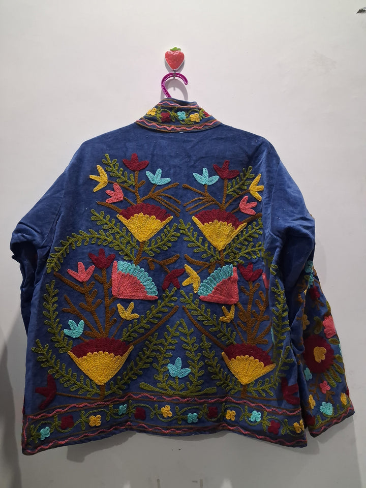 Vintage Royal Blue Velvet Suzani Embroidered Jacket