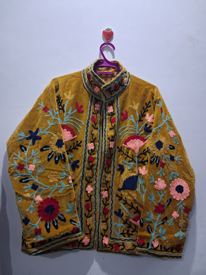 Mustard Velvet Floral Embroidered Suzani Boho Jacket