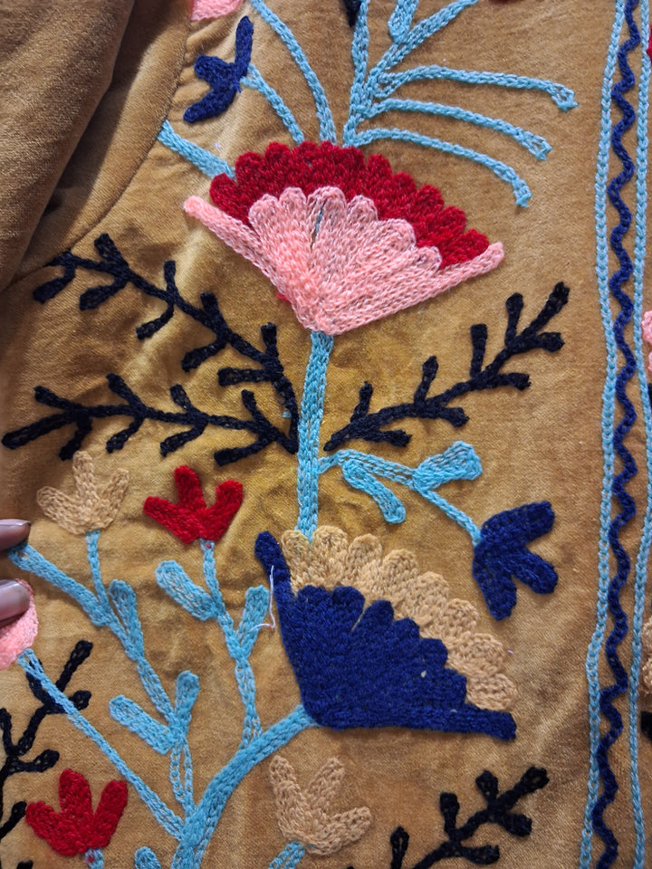 Mustard Velvet Floral Embroidered Suzani Boho Jacket