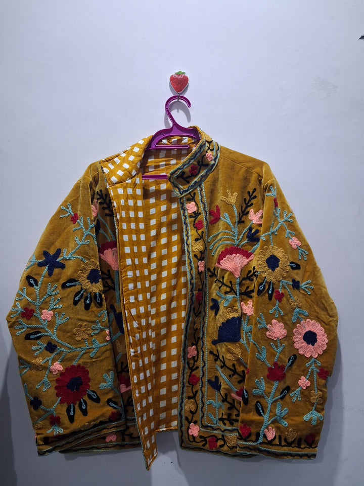 Mustard Velvet Floral Embroidered Suzani Boho Jacket