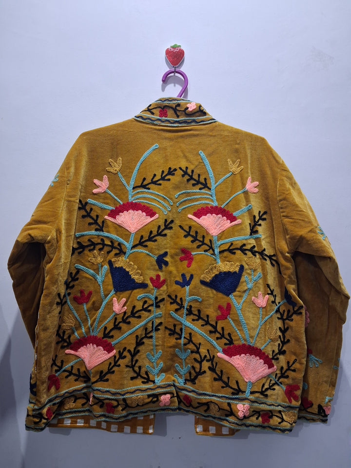 Mustard Velvet Floral Embroidered Suzani Boho Jacket