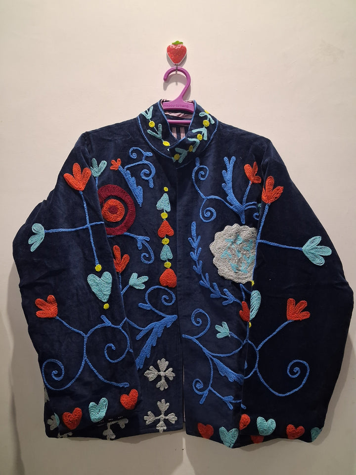 Boho Floral Embroidered Navy Velvet Jacket