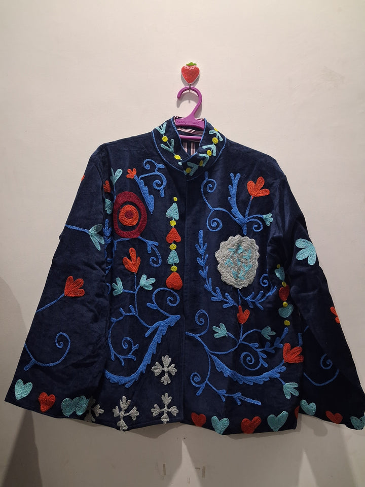 Boho Floral Embroidered Navy Velvet Jacket