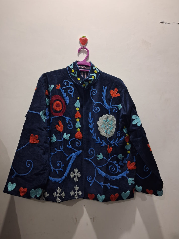 Boho Floral Embroidered Navy Velvet Jacket