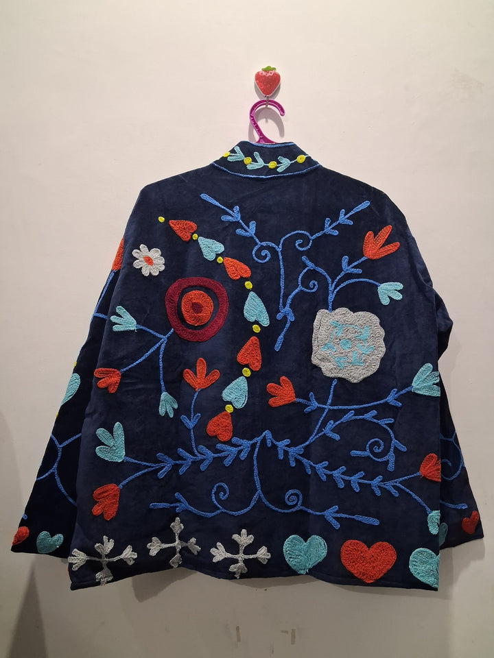 Boho Floral Embroidered Navy Velvet Jacket
