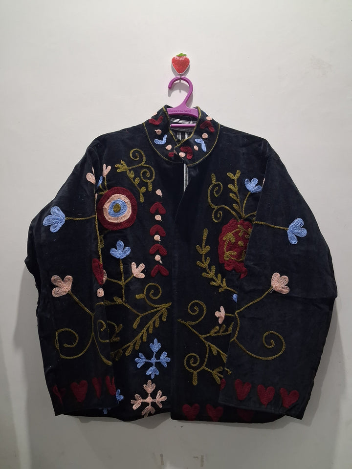 Handcrafted Floral Embroidered Black Velvet Jacket