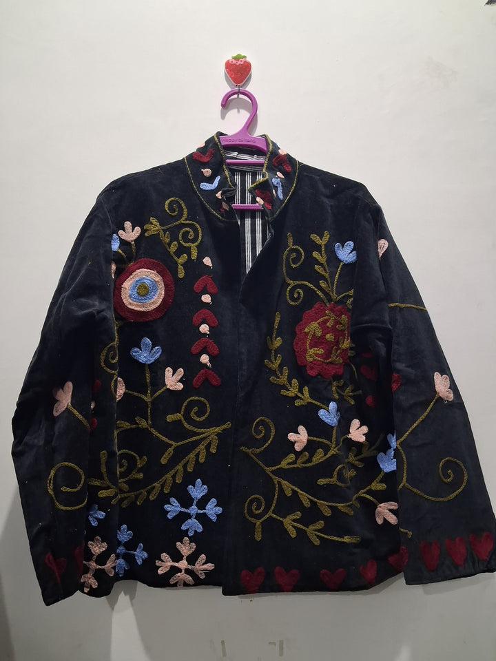 Handcrafted Floral Embroidered Black Velvet Jacket