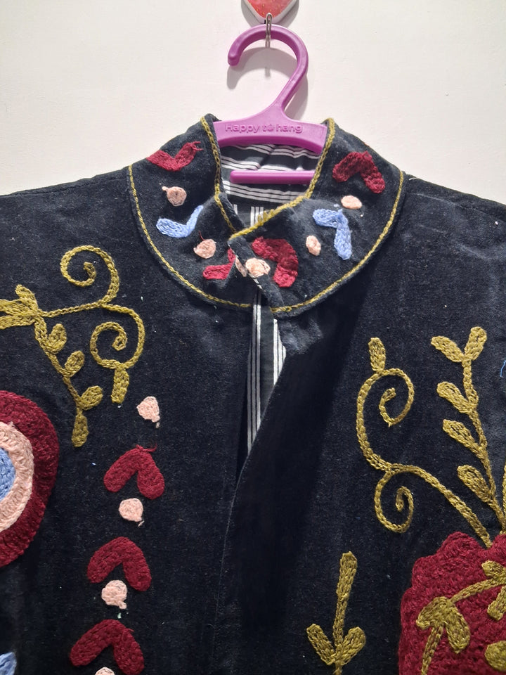 Handcrafted Floral Embroidered Black Velvet Jacket