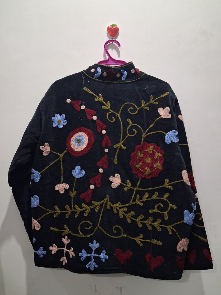 Handcrafted Floral Embroidered Black Velvet Jacket