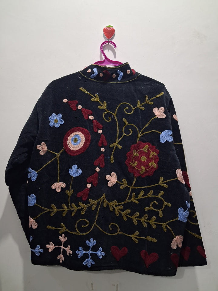 Handcrafted Floral Embroidered Black Velvet Jacket