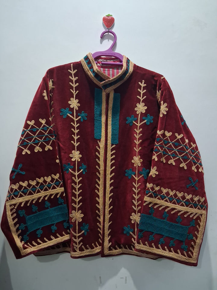 Boho Maroon Velvet Embroidered Jacket