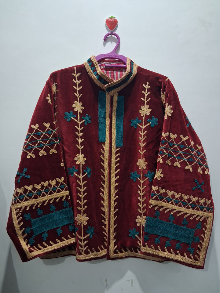 Boho Maroon Velvet Embroidered Jacket