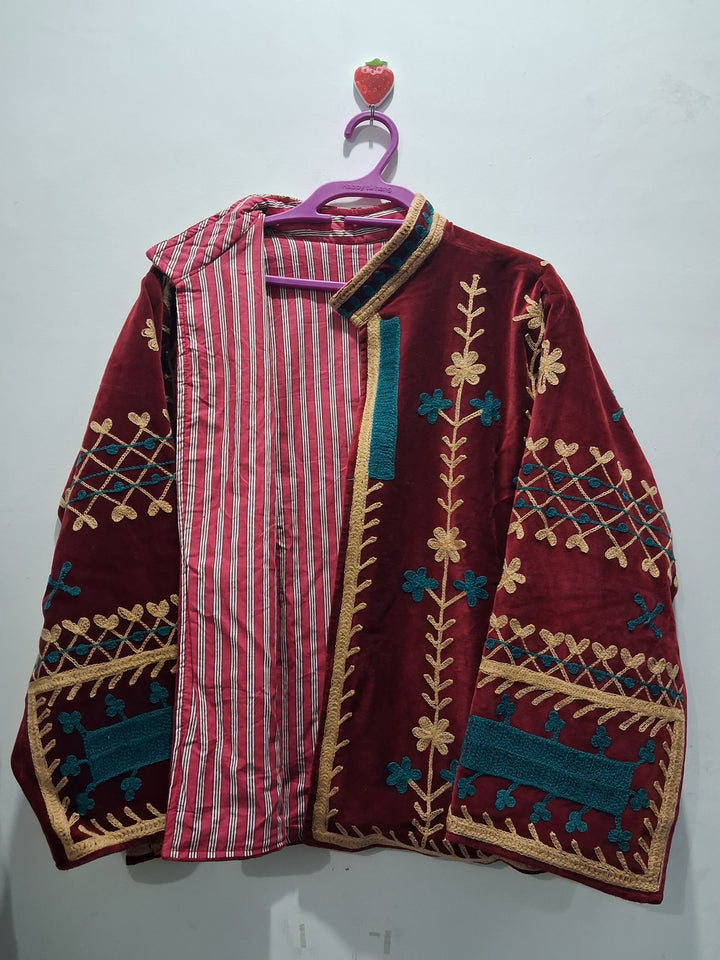 Boho Maroon Velvet Embroidered Jacket