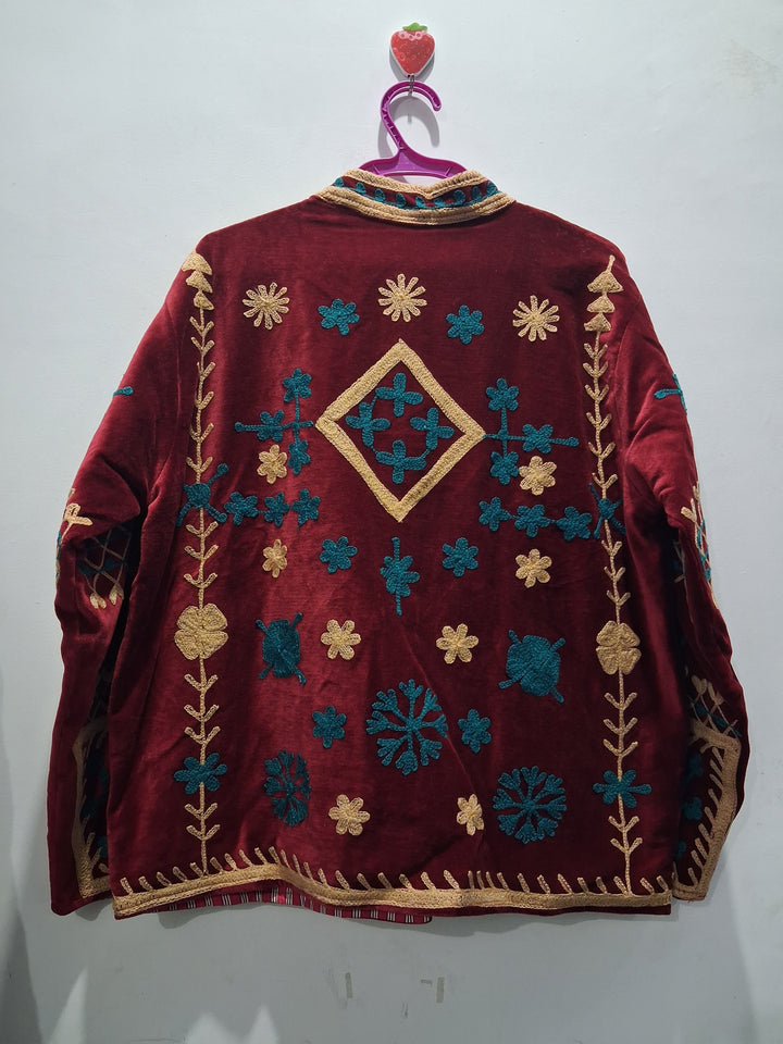 Boho Maroon Velvet Embroidered Jacket