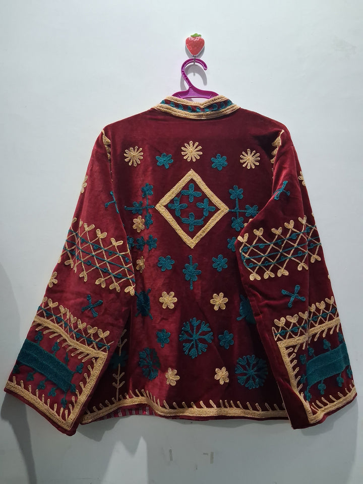 Boho Maroon Velvet Embroidered Jacket