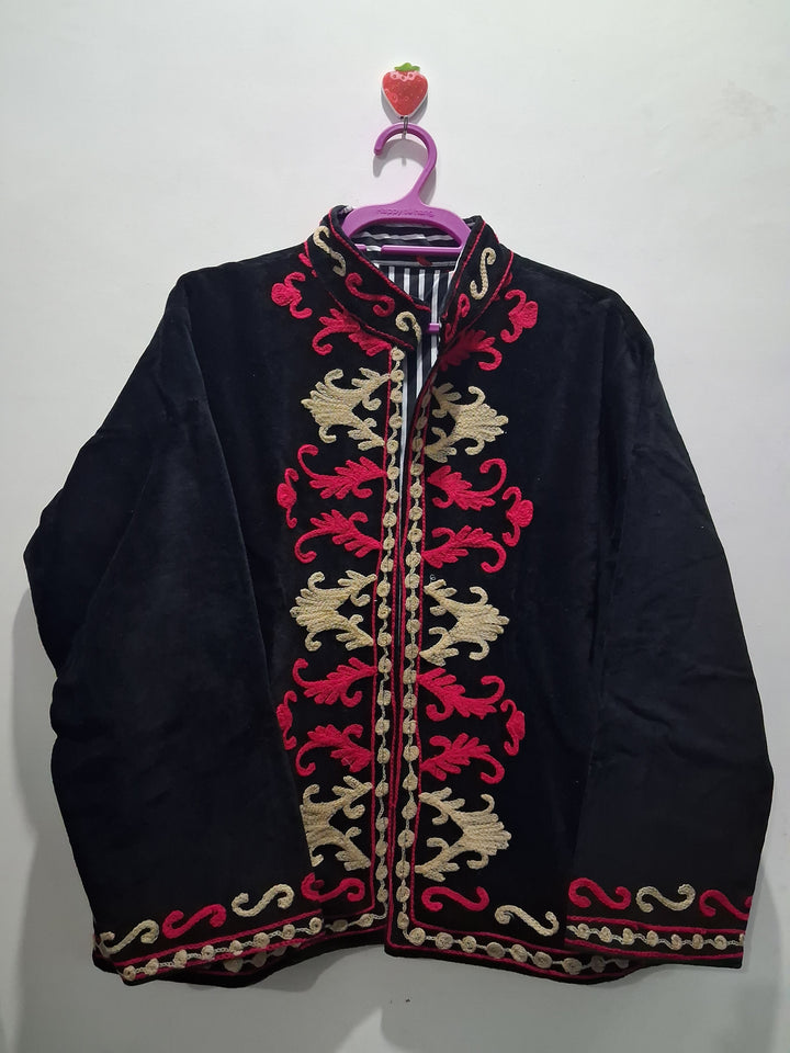 Boho Black Velvet Suzani Embroidered Jacket