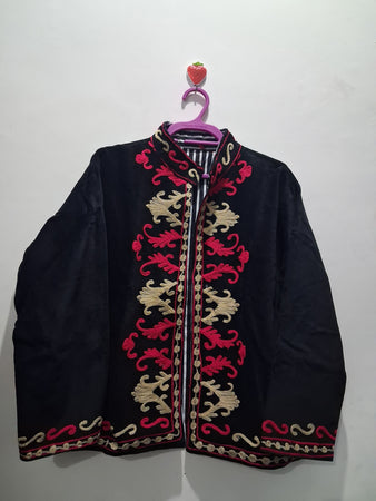 Boho Black Velvet Suzani Embroidered Jacket