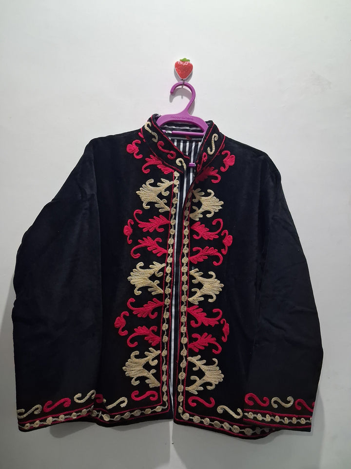 Boho Black Velvet Suzani Embroidered Jacket