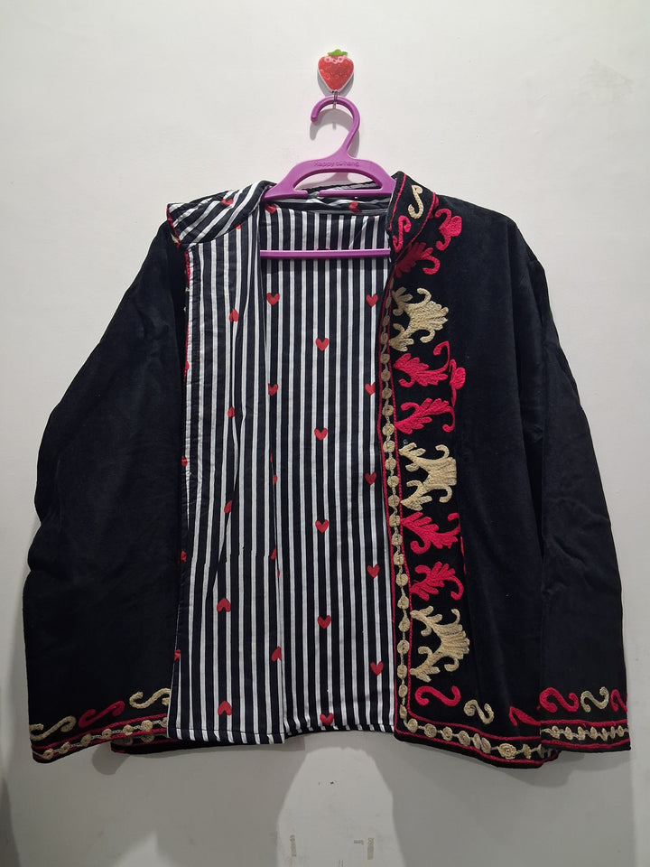 Boho Black Velvet Suzani Embroidered Jacket
