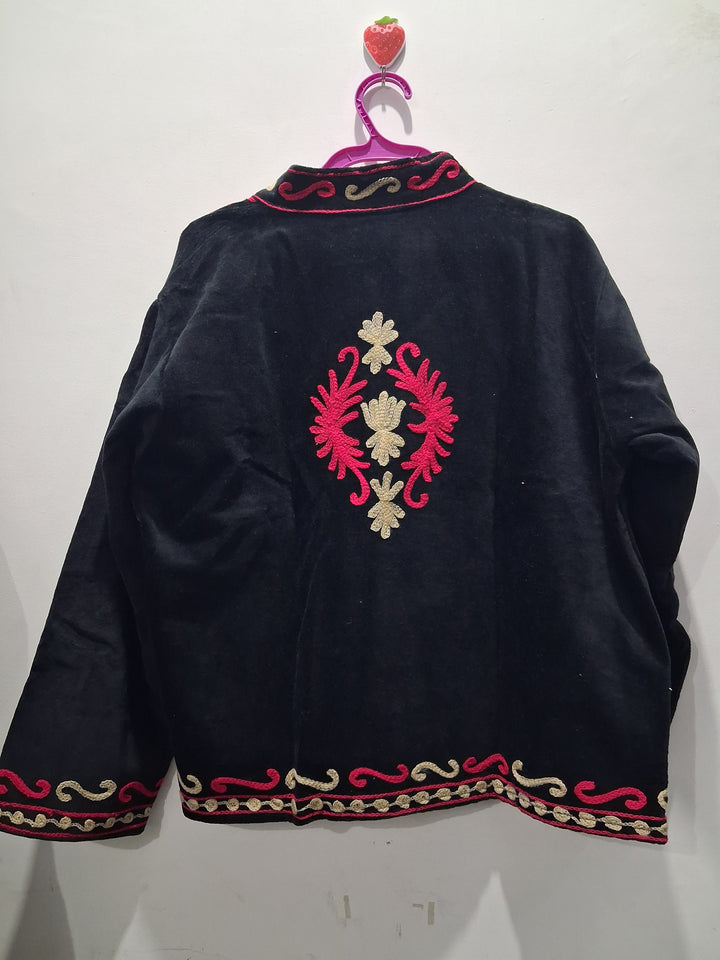 Boho Black Velvet Suzani Embroidered Jacket